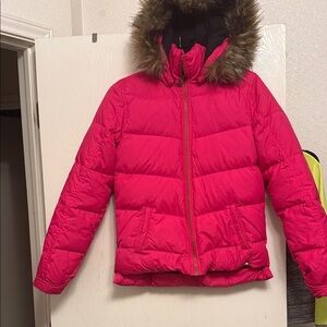 Roxy Fuchsia Puffer Jacket with Faux Fur Hood
